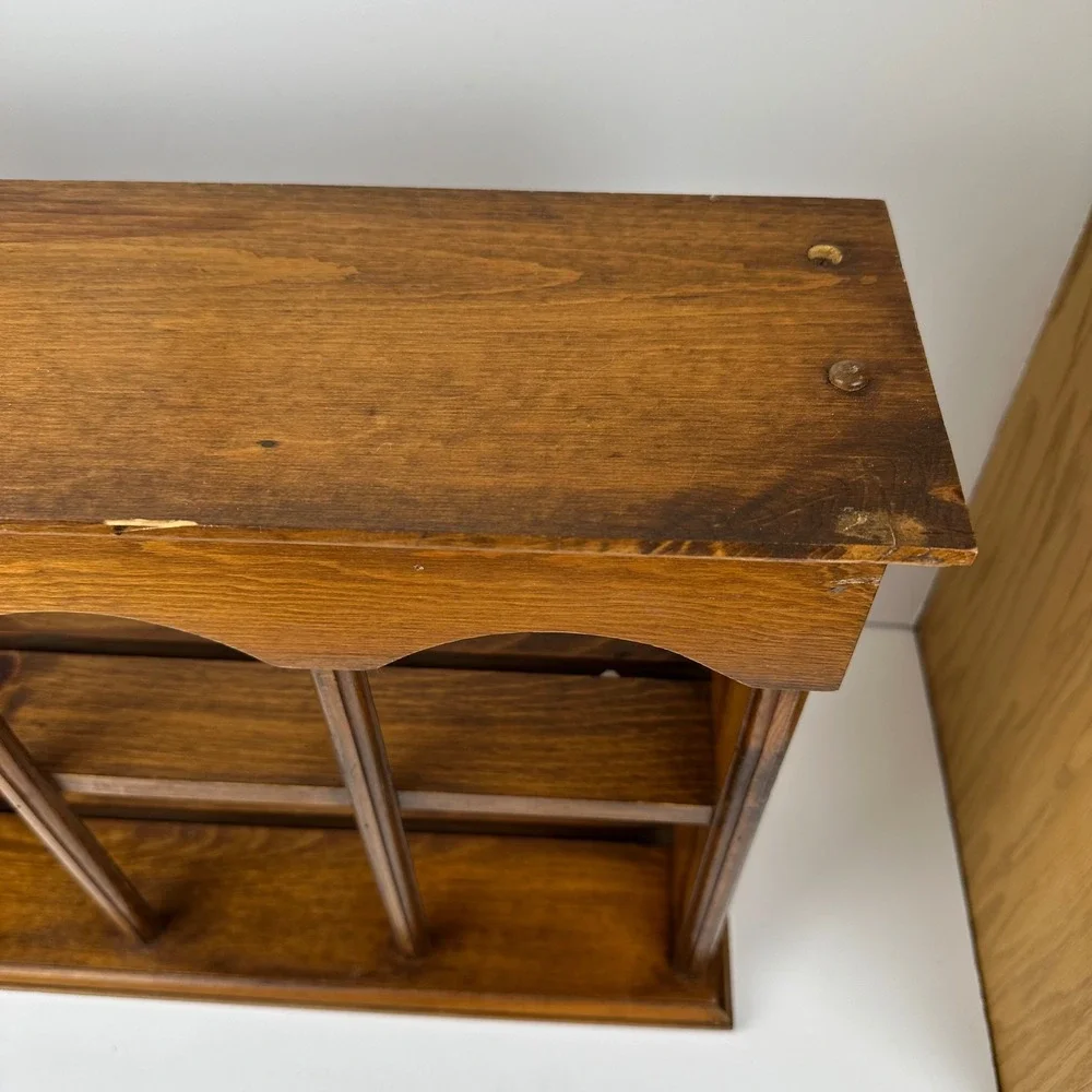 Vtg Wood Wall Display Shelf Scalloped 6 Slot Shadow Box Brown Farmhouse Mug